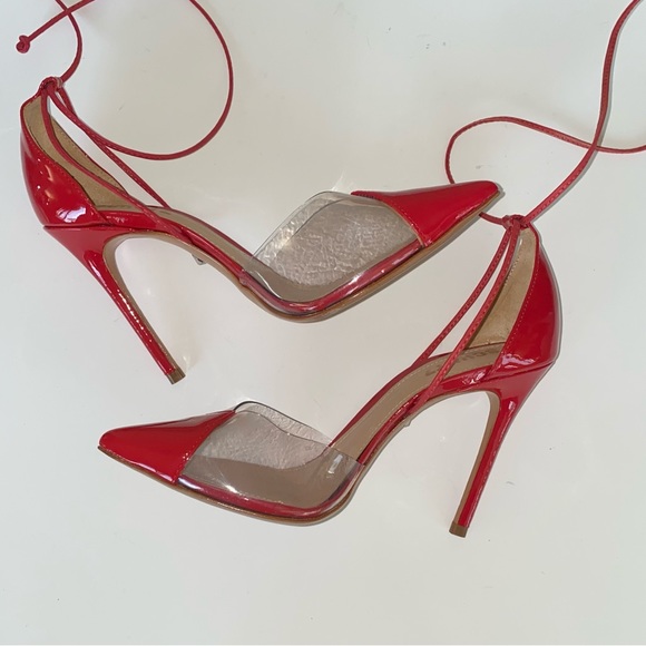 Schutz deep red patent leather and PVC ankle wrap heels - Picture 9 of 15